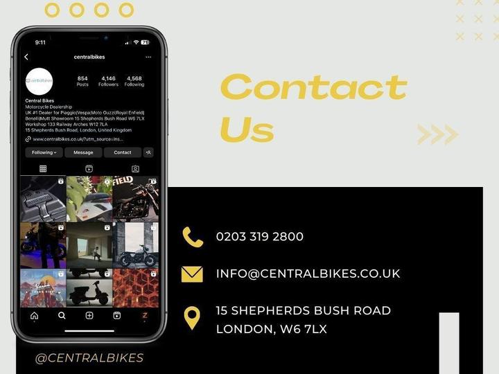 Mobile phone screen displaying the Instagram profile of "centralbikes," a motorcycle dealership. Information includes the number of posts, followers, and following, along with contact details: phone number (0203 319 2800), email (info@centralbikes.co.uk), and address (15 Shepherds Bush Road, London, W6 7LX). Design features a black background with yellow accents.
