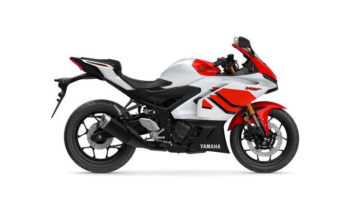 A sleek, modern Yamaha motorcycle in white and red with black accents, displayed from the side on a white background.