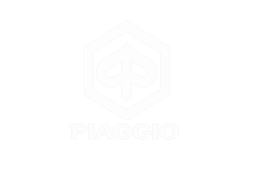 A white logo of Piaggio featuring a stylized letter "P" inside a hexagon shape, set against a black background.