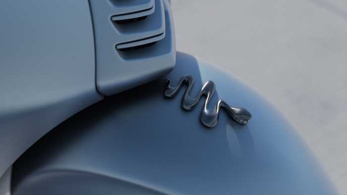 Close-up of a sleek, blue scooter body featuring a stylized, metallic snake emblem.