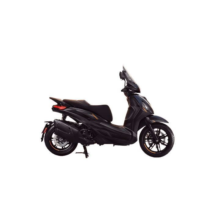 Piaggio Beverly 25th Anniversary 400 Euro 5+ A sleek black scooter parked sideways with a tinted windscreen and a modern design, showcasing its front wheel and body contours.