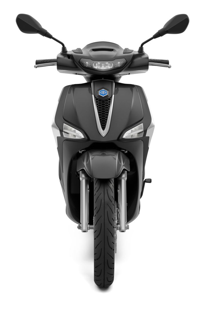 A front view of a sleek, modern scooter with a black and gray design, featuring a prominent headlight and sporty front fender. The scooter is parked on a white background.