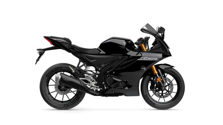 A sleek black sport motorcycle with a streamlined design, featuring a prominent "R125" logo, a raised tail section, and sporty wheels.