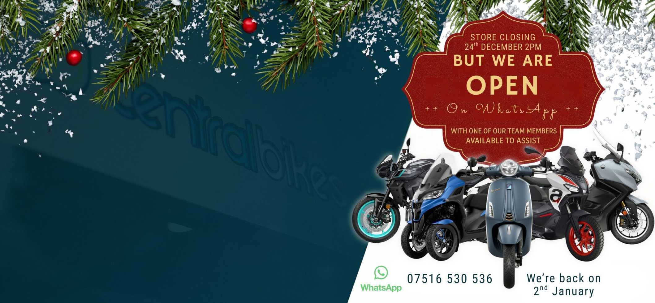 A festive promotional image for a bike store featuring motorcycles and scooters. The text indicates that the store will close on December 24th at 2 PM but will remain open on WhatsApp, with a contact number provided. It also states the store will reopen on January 2nd. Pine branches and snowflakes decorate the design, enhancing the holiday theme.