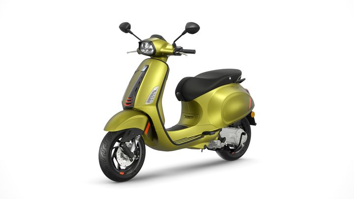 A modern olive green scooter with black seat, silver accents, and black trim on a white background.