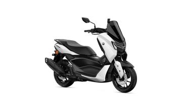 A sleek black and white Yamaha NMAX scooter positioned at an angle, showcasing its modern design and features.
