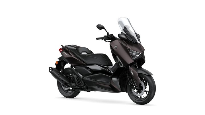 Yamaha 2024 XMAX 125 Tech MAX A sleek, dark brown Yamaha XMAX scooter with a large windshield, featured from a side angle on a plain white background.