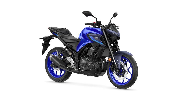 A blue Yamaha motorcycle with a sleek design, featuring sporty components, alloy wheels, and a streamlined body.