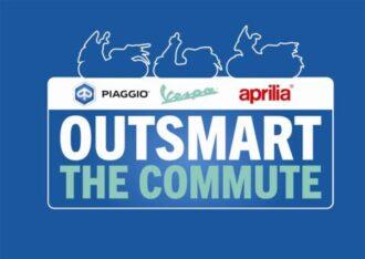 Logo featuring the brands Piaggio, Vespa, and Aprilia with the slogan "OUTSMART THE COMMUTE" on a blue background, accompanied by illustrations of scooters.