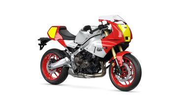 Yamaha XSR 900 GP motorcycle featuring a sleek design with a silver and red color scheme, sport-style fairings, and red wheels.