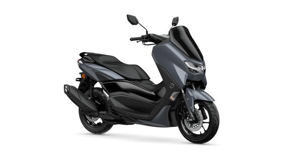 A sleek gray scooter with a modern design, featuring a prominent front shield, low-profile seat, and stylish bodywork, positioned against a white background.