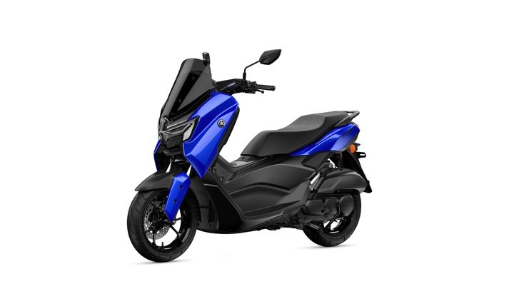A sleek blue scooter with modern design elements, featuring a tall windshield, a comfortable seat, and sporty wheels, positioned against a white background.