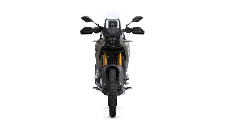 Front view of a motorcycle featuring an angular design, prominent headlights, and dual front suspension forks, set against a white background.