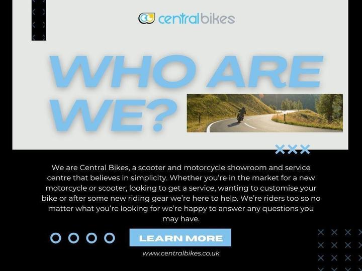 Image featuring a scenic road with a motorcyclist riding, accompanied by overlaid text that reads "WHO ARE WE?" and a description of Central Bikes, a scooter and motorcycle showroom and service center, emphasizing their commitment to simplicity and customer support. The bottom includes a "LEARN MORE" button and the website URL.