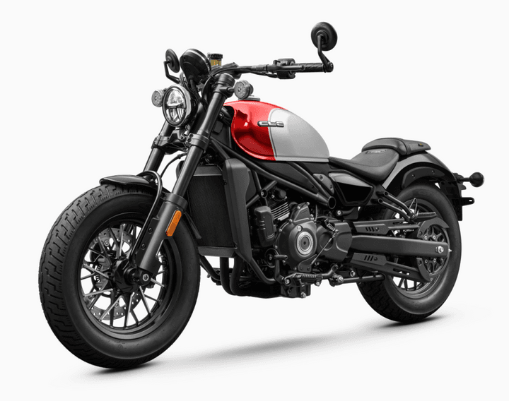 A modern motorcycle with a red and white fuel tank, black chassis and seating, and exposed engine set against a white background.