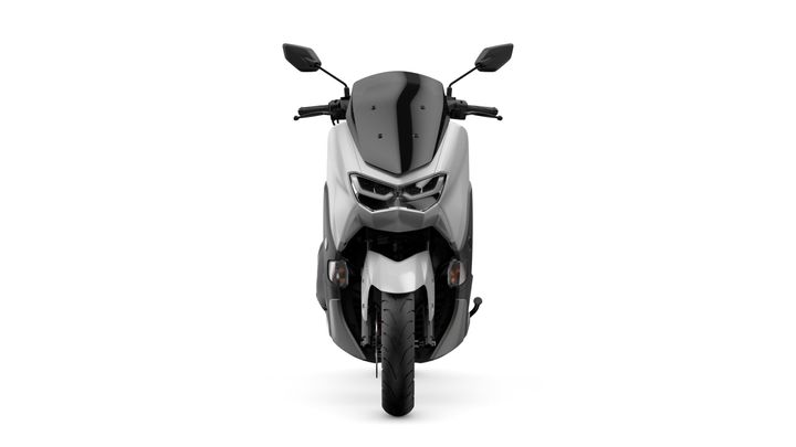 Front view of a sleek, modern scooter with a black and silver color scheme, featuring dual headlights, a low profile, and a wide front tire.