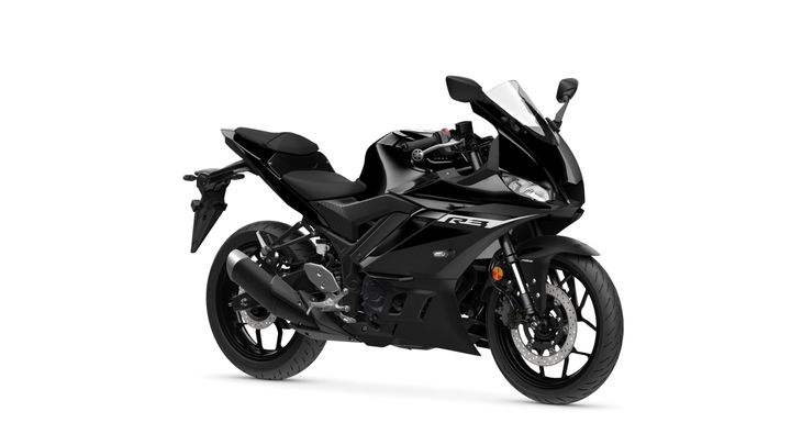 A sleek black motorcycle with a sporty design, featuring a low seat, fairing, and a prominent front windshield, angled to the right on a white background.