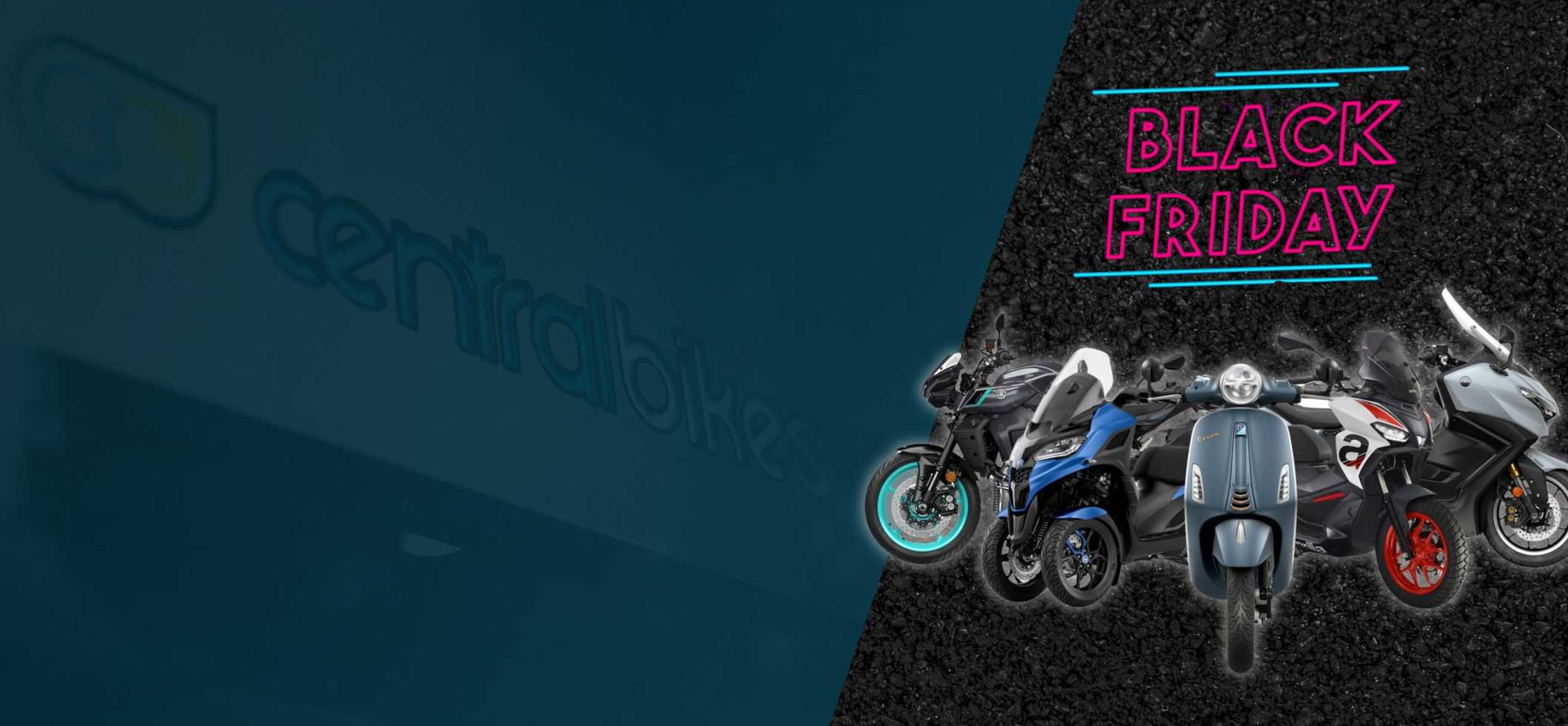 Promotional graphic for Central Bikes featuring the text "Black Friday," with three different motorcycles showcased against a textured black background.