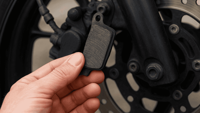 A person holding a worn motorcycle brake pad in front of a motorcycle brake assembly and wheel.
