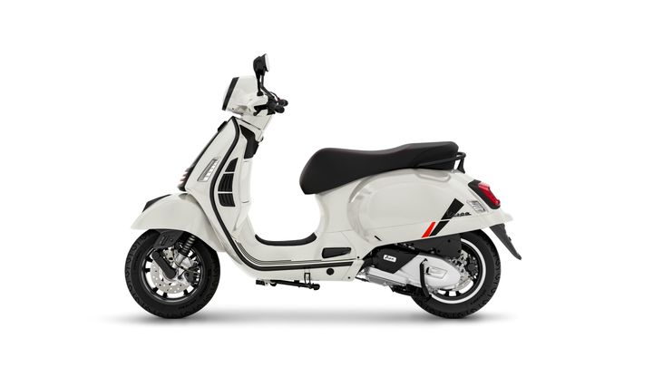 A white vintage-style scooter with a black seat, featuring sleek lines and modern accents, viewed from the side against a plain white background.