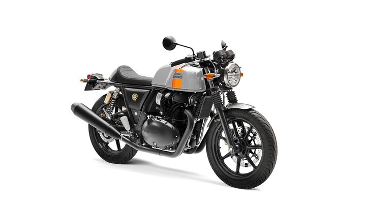 A Royal Enfield motorcycle in a classic design with a grey tank and black components, positioned on a white background.