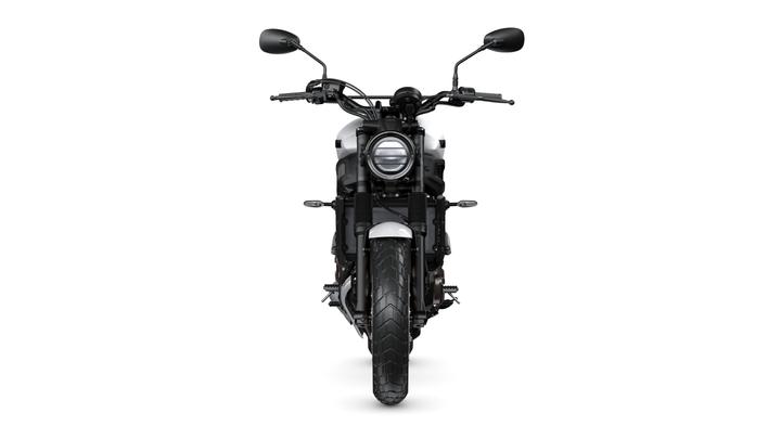 A front view of a modern motorcycle with a round headlight, black handlebars, and a wide tire, set against a white background.