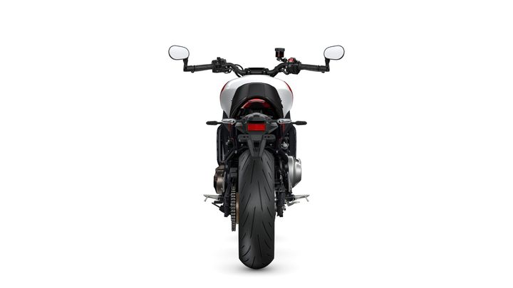 A rear view of a modern motorcycle featuring a sleek design, prominent rear tire, and dual mirrors on the handlebars against a white background.