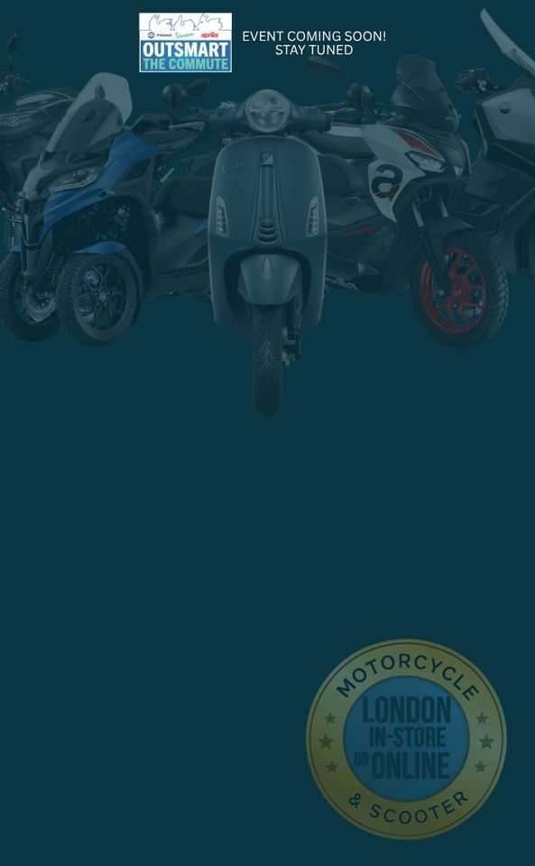 A promotional image featuring various motorcycles and scooters, with the text "OUTSMART THE COMMUTE" and "EVENT COMING SOON! STAY TUNED!" at the top, and a circular badge stating "MOTORCYCLE & SCOOTER LONDON IN-STORE OR ONLINE" at the bottom. The background is a solid dark color.