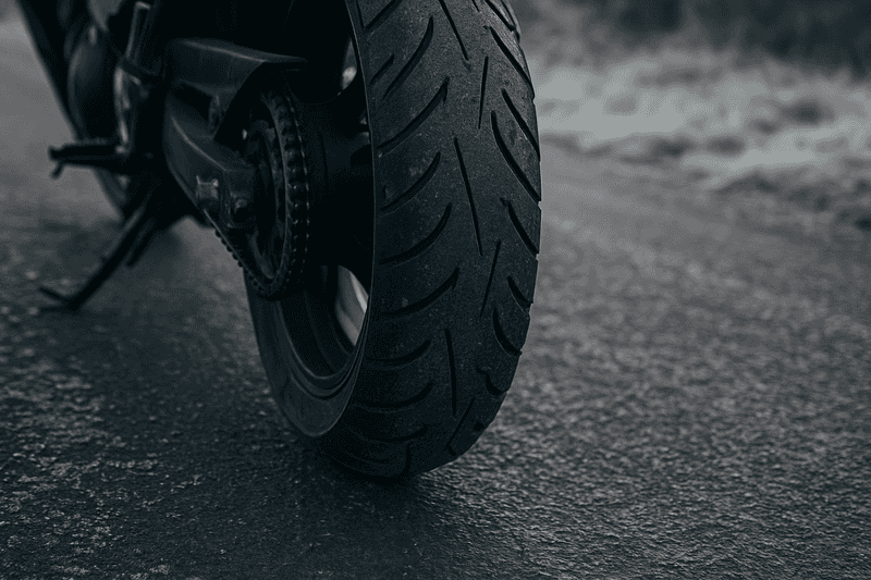 Close-up of a motorcycle tire on a textured asphalt road, highlighting the tread pattern and surrounding environment.