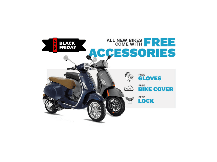 An advertisement for a Black Friday sale showing a new blue scooter with the tag "ALL NEW BIKES COME WITH FREE ACCESSORIES," highlighting free gloves, bike cover, and lock as part of the promotion.