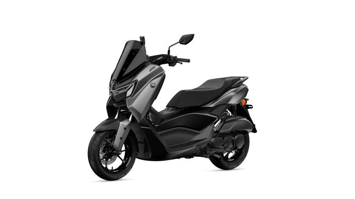 A sleek, modern black scooter with a sporty design, featuring a tall windshield, angular headlights, and a comfortable seat, positioned on a white background.
